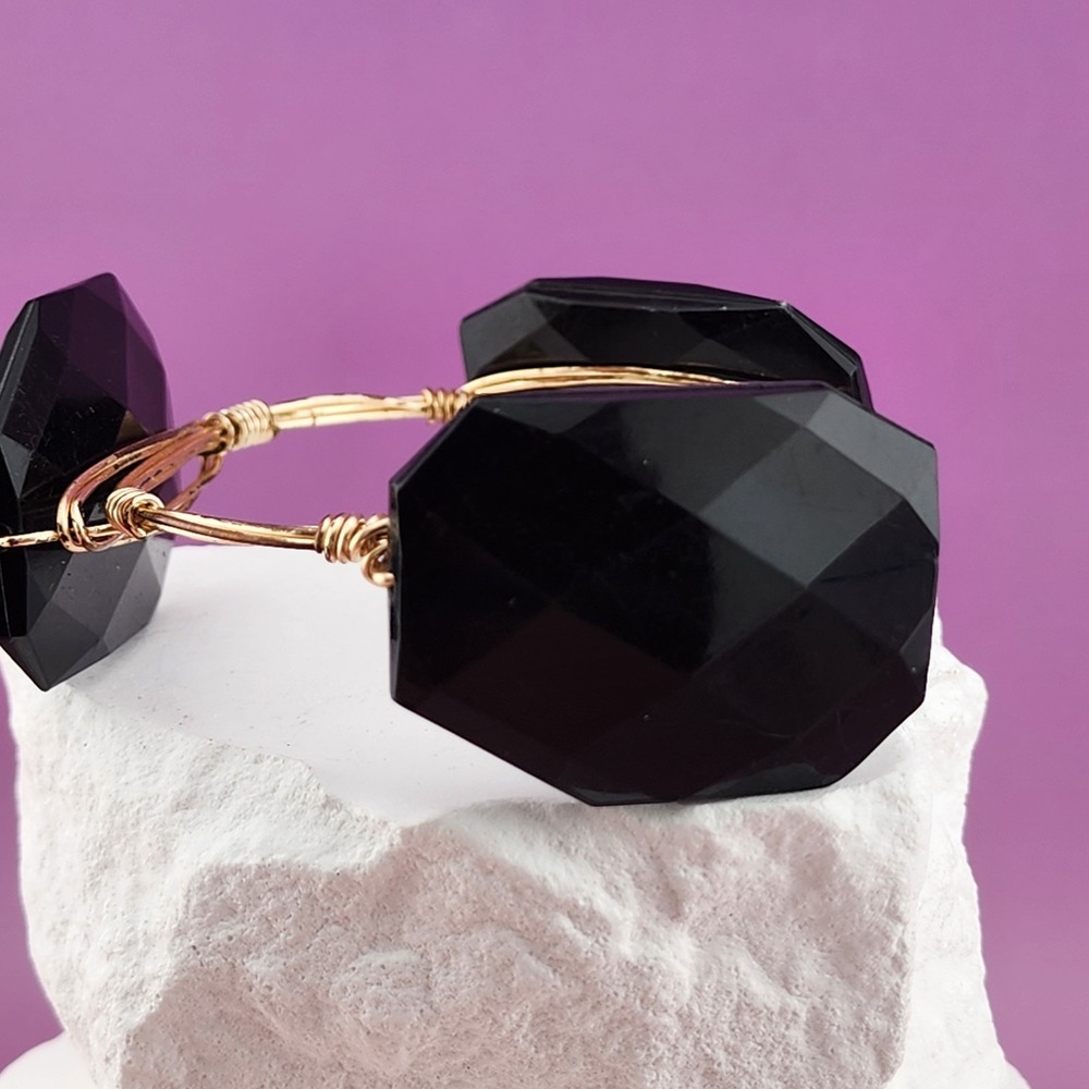 Black Faceted Glass Bracelet Gold Tone Wire Wrapped Statement Gothic Boho Cuff